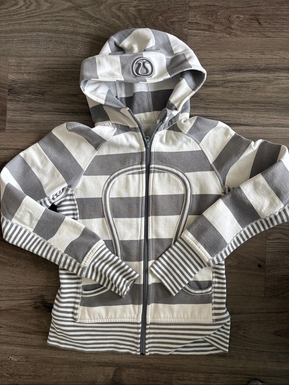lululemon athletica Gray & White Striped Hooded Zip Sweatshirt